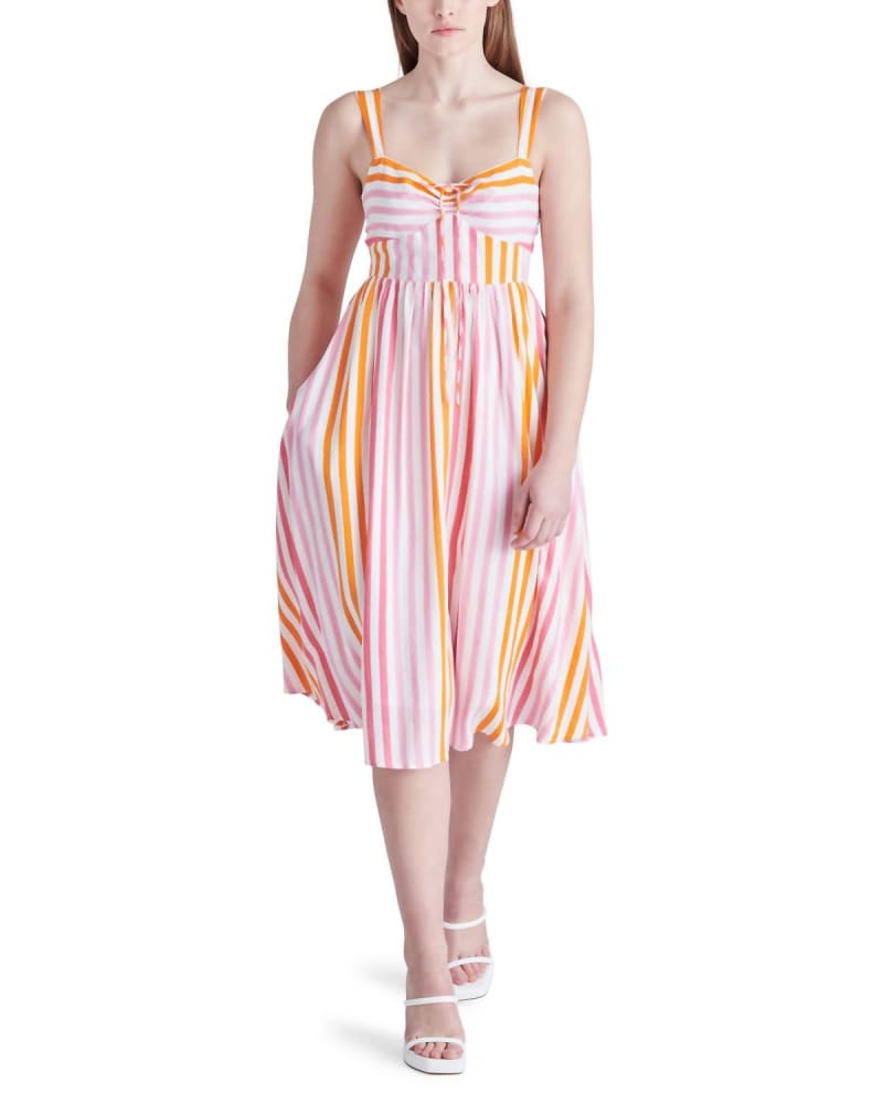 Front of a model wearing a size 10 Deyvani Dress In Pink Stripe in Pink Stripe by STEVE MADDEN. | dia_product_style_image_id:344812